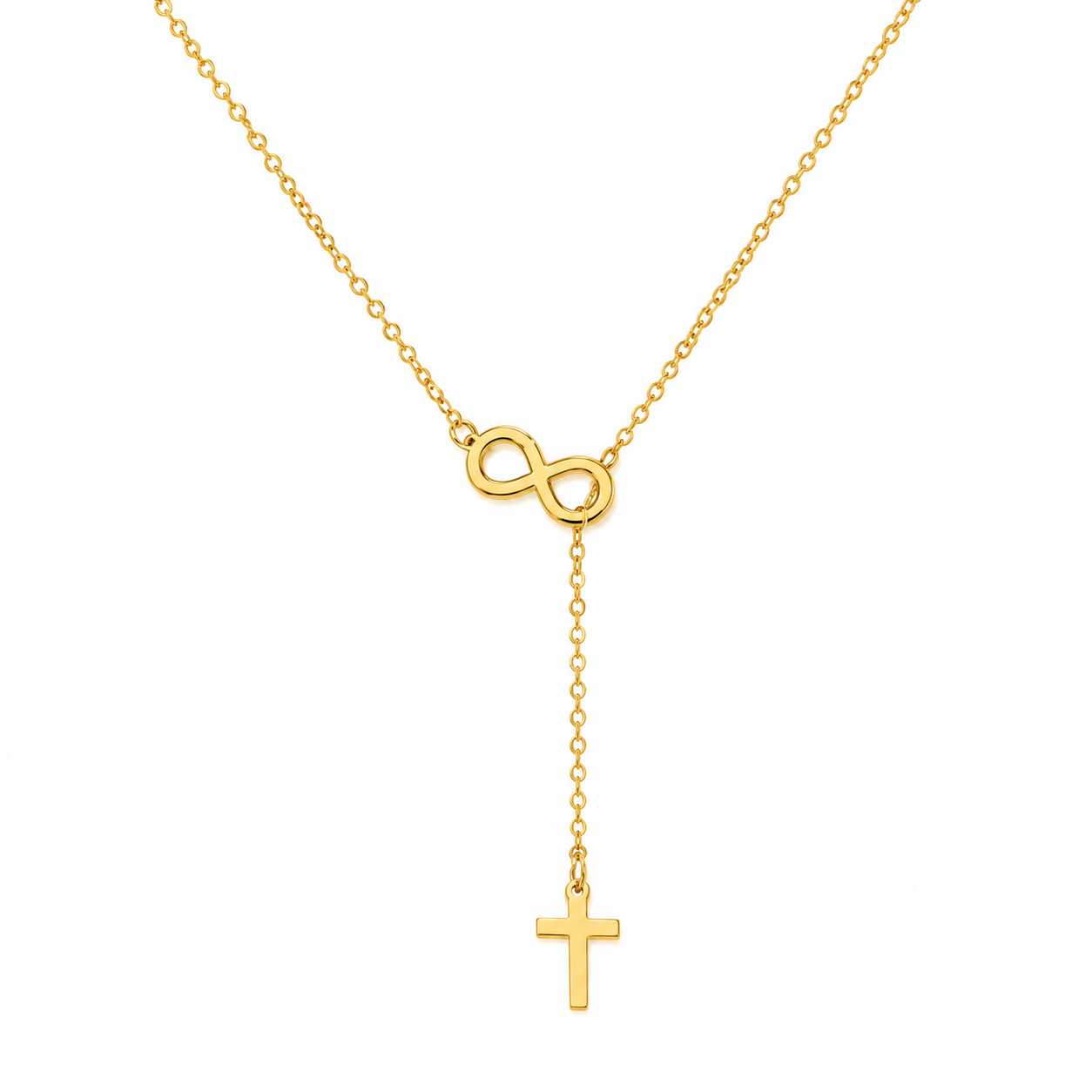 Gold infinity necklace with cross pendant