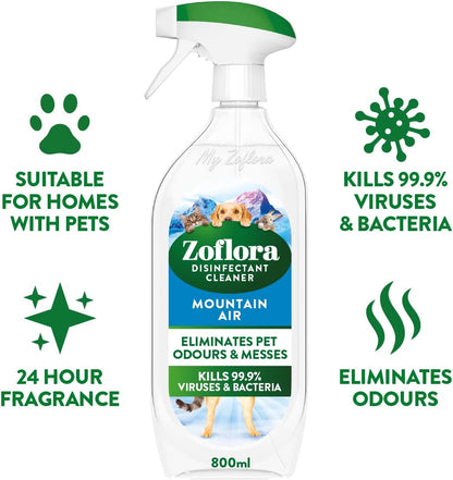 Zoflora Mountain Air Multipurpose Disinfectant Spray, 800ml, Antibacterial & Antiviral Surface Cleaner, Long-Lasting Fresh Fragrance