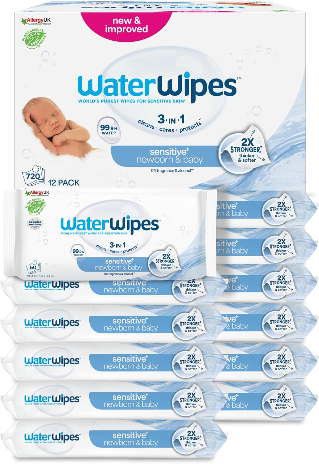 WaterWipes Sensitive+ Newborn & Baby Wipes, 99.9% Water, Unscented, 12 Pack | 3-in-1, cleans, cares & protects, hypoallergenic formula, 0% fragrance & alcohol, 720 count for everyday use